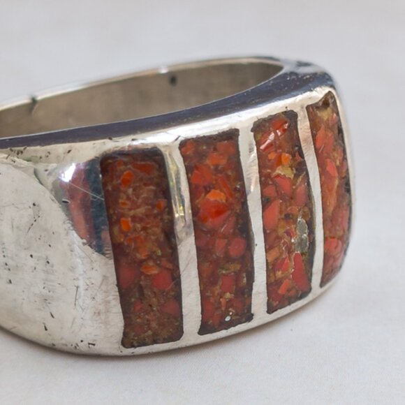Sterling Coral Inlay Wide Band — Size 11 - Picture 1 of 14